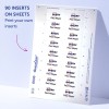 Bildet viser et ark med Avery-innleggsetiketter som har navnet "Paul Meyer". Det er totalt 90 innsatser på arket, organisert i rader og kolonner, og en merknad som indikerer muligheten til å skrive ut dine egne innsatser.