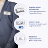 Bildet viser en mann i en blazer som har på seg et navneskilt. Rundt ham er det detaljer om navneskilt, inkludert mengder, funksjoner som magnetiske fester, og innsatser for personalisering.