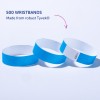 Bildet viser tre blå armbånd laget av Tyvek®, med tekst som indikerer en mengde på 500 armbånd og deres materiale.