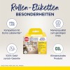 Bildet viser en emballasje for Avery Zweckform rulleetiketter. Den fremhever kompatibilitet med Dymo Labelwriters, tilbyr høy kvalitet til lav pris, en 100 % pengene-tilbake-garanti, og understreker sine klimavennlige produktegenskaper.