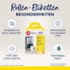 Bildet viser en produkteske for etiketteruller fra Avery Zweckform. Den fremhever funksjoner som kompatibilitet med Dymo Labelwriter, kvalitetsgaranti og bærekraftig papir. Esken viser forskjellige etiketter for organisering av permer, som "Budsjett," "Møter" og "Markedsføring."