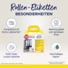 Bildet viser en pakke med Avery-etikettruller, og fremhever funksjoner som kompatibilitet med Dymo Labelwriter, pengene-tilbake-garanti, merkevarekvalitet til lav pris, og bærekraftig papir.