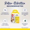 Bildet viser en produktpakke for Avery Zweckform rulletiketter, som fremhever funksjoner som kompatibilitet med Dymo Labelwriter, en pengene-tilbake-garanti, merkevarekvalitet til rimelige priser, og bærekraftig papir.