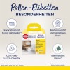 Bildet viser en emballasjeboks for rulleetiketter fra Avery Zweckform, som fremhever kompatibilitet med Dymo LabelWriter, en pengene-tilbake-garanti, merkevarekvalitet til en rimelig pris, og bruk av bærekraftig papir.