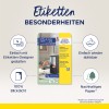 Bildet viser etiketter for kontor- og hjemmebruk fra Avery, med avtakbare etiketter for ringpermer. Det fremhever enkelt design med en etikettmal, gjenbrukbart lim og bærekraftig papir.