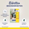 Bildet viser en produktoversikt for Avery Zweckform ovale etiketter, med vekt på funksjoner som enkel design med en etikettdesigner, bærekraft, og produksjon i Tyskland.