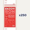 Dette bildet viser en fargerik etikett eller merkelapp med teksten 'ENJOY! BON APPETIT!' og oversettelser på ulike språk, designet for matrelaterte sammenhenger.
