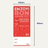 En rød merkelapp eller etikett med forskjellige språk skrevet for 'Enjoy!' og 'Bon Appétit!' sammen med felter for bestilling og navn.