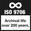 Bildet viser en svart bakgrunn med symbolet for uendelig over teksten 'ISO 9706' og uttrykket 'Arkivholdbarhet over 200 år.' i hvitt.