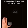 Størrelsessammenligning med hånd, Artikkel: J8560-25, ett ark med adresseetiketter, Format: 63,5 x 38,1 mm, Farge: Transparent?