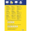 Bildet viser en brosjyre for Averys produkt med klare adresseetiketter, med instruksjoner og spesifikasjoner på flere språk, inkludert tysk, engelsk, fransk, nederlandsk, dansk, finsk, russisk og polsk. Den fremhever funksjoner som QuickPEEL-teknologi, optimale størrelser for forskjellige skrivere, og kontaktinformasjon for kundeservice.
