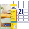 Pakkebilde med etikettsark: Avery Zweckform adresseetiketter, artikkel: J8560-25, format: 63,5 x 38,1 mm, skriverkompatibilitet: Inkjet, innhold: 525 etiketter / 25 ark, 21 etiketter/ark.