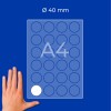 A4-arkoverlegg som viser et rutenett med 40 mm sirkulære etiketter og en hånd nederst til venstre?