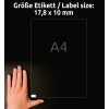 Størrelsessammenligning med hånd, artikkel: L4730REV-25, et ark universelle etiketter, avtakbare, format: 17,8 x 10 mm, farge: hvit?