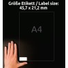 Størrelsessammenligning med hånd, Artikkel: L4736REV-25, ett ark universaletiketter, avtakbar, format: 45,7 x 21,2 mm, farge: hvit?