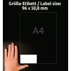 Størrelsessammenligning med hånd, Artikkel: L4744REV-25, ett ark universaletiketter, avtakbar, format: 96 x 50,8 mm, farge: hvit.