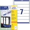 Pakningsillustrasjon med etikettark: Avery Zweckform mappeetiketter, Artikkel: L4760-100, Format: 38 x 192 mm, Utskriftskompatibilitet: Inkjet, Laser s/h, Fargelaser, Innhold: 700 etiketter / 100 ark, 7 etiketter/ark.