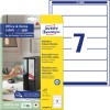Pakningsbilde med etikettark: Avery Zweckform perm-etiketter, avtagbare, hjemmekontor, liten pakke, Artikkel: L4760REV-10, Format: 38 x 192 mm, Utskriftskompatibilitet: Inkjet, Sort-hvitt laser, Fargelaser, Innhold: 70 etiketter / 10 ark, 7 etiketter/ark.
