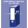 Størrelsessammenligning med hånd, artikkel: L4761-100, ett ark med etiketter for ringperm, format: 61 x 192 mm, farge: hvit.