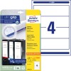 Pakningsbilde med etikettark: Avery Zweckform perm-etiketter, artikkel: L4761-25, format: 61 x 192 mm, utskriftsegnet: Inkjet, laser s/h, fargelaser, innhold: 120 etiketter / 30 ark, 4 etiketter/ark.