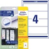 Pakkebilde med etikettark: Avery Zweckform perm-etiketter, avtagbar, Artikkel: L4761REV-20, Format: 61 x 192 mm, Utskriftsmulighet: Inkjet, laser s/hv, fargelaser, Innhold: 120 etiketter / 30 ark, 4 etiketter/ark.