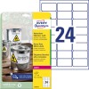 Pakningsbilde med etikettark: Avery Zweckform Værbestandige folieetiketter, Artikkel: L4773-8, Format: 63,5 x 33,9 mm, Skriverkompatibilitet: Laser svart/hvitt, fargelaser, Innhold: 192 etiketter / 8 ark, 24 etiketter/ark.