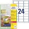 Pakkeillustrasjon med etikettark: Avery Zweckform Værbestandige etiketter, avtagbare, Artikkel: L4773REV-20, Format: 63,5 x 33,9 mm, Skriverkompatibilitet: Laser s/h, fargelaser, Innhold: 480 etiketter / 20 ark, 24 etiketter/ark
