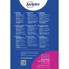 Bildet inkluderer informasjon om Avery selvklebende navneskilt, med detaljer på flere språk om deres bruk, design og utskriftstips. Det fremmer produkter og inkluderer kontaktinformasjon for kundeservice.