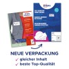 Bildet viser en emballasje for selvklebende navneskilt fra Avery, med to produktdesign og reklametekst på tysk om ny emballasje.