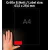 Størrelsessammenligning med hånd, artikkel: L6003-25, ett ark etiketter i spesialfarger, format: 63,5 x 29,6 mm, farge: neonrød.