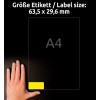 Størrelsessammenligning med hånd, artikkel: L6004-25, ett ark etiketter i spesialfarger, format: 63,5 x 29,6 mm, farge: neongul.