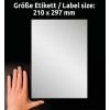 Størrelsessammenligning med hånd, Artikkel: L6013-8, ett ark typeskilt-etiketter, format: 210 x 297 mm, farge: sølv?