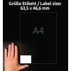 Sammenligning med håndstørrelse, Artikkel: L6025REV-25, et ark universal-etiketter, avtagbar, format: 63,5 x 46,6 mm, farge: hvit?