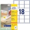 Pakningsbilde med etikettark: Avery Zweckform universaletiketter, avtagbare, artikkel: L6025REV-25, format: 63,5 x 46,6 mm, utskriftskompatibilitet: Inkjet, svart/hvitt laser, fargelaser, innhold: 540 etiketter / 30 ark, 18 etiketter/ark.