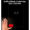 Størrelsessammenligning med hånd, Artikkel: L6034-20, et ark med fargede etiketter, avtakbar, Format: 63,5 x 33,9 mm, Farge: Rød.