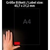 Størrelsessammenligning med hånd, artikkel: L6038-20, ett ark fargede etiketter, avtagbare, format: 45,7 x 21,2 mm, farge: Rød.