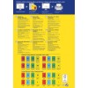 Dette bildet er en reklamebrosjyre for Avery-etiketter, med detaljer om ulike typer avtakbare fargeetiketter og deres dimensjoner. Den inkluderer instruksjoner for design og utskrift, kundeservicekontakter og flerspråklig støtte.