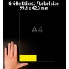 Størrelsessammenligning med hånd, artikkel: L6107-20, ett ark med værbestandige folieetiketter, format: 99,1 x 42,3 mm, farge: gul.