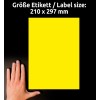 Størrelsessammenligning med hånd, Artikkel: L6111-20, ett ark værbestandige folie-etiketter, Format: 210 x 297 mm, Farge: Gul?