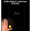 Størrelsessammenligning med hånd, artikkel: L6128-20, ett ark værbestandige folieetiketter, format: ⌀ 30 mm, farge: gul.