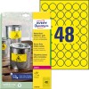 Pakkeillustrasjon med etikettark: Avery Zweckform Værbestandige folie-etiketter, Artikkel: L6128-20, Format: ⌀ 30 mm, Skriver: Laser s/h, Innhold: 960 etiketter / 20 ark, 48 etiketter/ark.