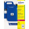 Blå plastkanner med QR-kodeetikett ved siden av Avery-etikettinnpakning?