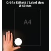 Størrelsessammenligning med hånd, artikkel: L7104REV-25, ett ark med runde etiketter, avtagbare, format: ⌀ 60 mm, farge: hvit.