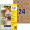 Pakningsbilde med etikettsark: Avery Zweckform Naturbrune Etiketter, Artikkel: L7105-25, Format: ⌀ 40 mm, Skriverkompatibilitet: Inkjet, Laser s/h, Fargelaser, Innhold: 600 etiketter / 25 ark, 24 etiketter/ark.