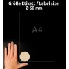 Størrelsessammenligning med hånd, Artikkel: L7106-25, ett ark naturbrune etiketter, Format: ⌀ 60 mm, Farge: naturbrun?