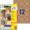Pakningsbilde med etikettark: Avery Zweckform Naturlige brune etiketter, Artikkel: L7106-25, Format: ⌀ 60 mm, Skriversystem: Inkjet, laser s/h, fargelaser, Innhold: 300 etiketter / 25 ark, 12 etiketter/ark.