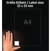 Størrelsessammenligning med hånd, Artikkel: L7120-25, ett ark kvadratiske etiketter, format: 35 x 35 mm, farge: hvit.