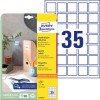 Pakningsbilde med etikettark: Avery Zweckform kvadratiske etiketter, artikkel: L7120-25, format: 35 x 35 mm, utskriftsegnet: blekkskriver, sort/hvitt-laserskriver, fargelaserskriver, innhold: 875 etiketter/25 ark, 35 etiketter/ark.