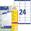 Forpakningsbilde med etikettsark: Avery Zweckform adresseetiketter, Artikkel: L7159-100, Format: 63,5 x 33,9 mm, Skriverkompatibilitet: Laser s/hv, fargelaser, Innhold: 2.400 etiketter / 100 ark, 24 etiketter/ark.