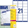 Pakkebilde med etikettskjema: Avery Zweckform adresseetiketter, Artikkel: L7160-100, Format: 63,5 x 38,1 mm, Utskriftskompatibilitet: Sort/hvitt laser, fargelaser, Innhold: 2.100 etiketter / 100 ark, 21 etiketter/ark.
